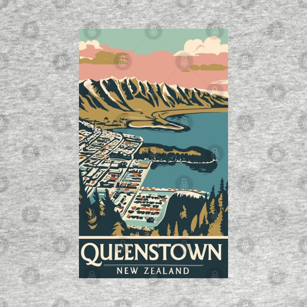 A Vintage Travel Art of Queenstown - New Zealand by goodoldvintage